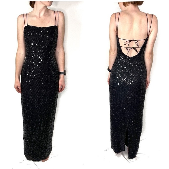 Vintage Beaded Sequined Gown Open Back Black Dress Sleeveless Strappy Tie Formal - Picture 1 of 7